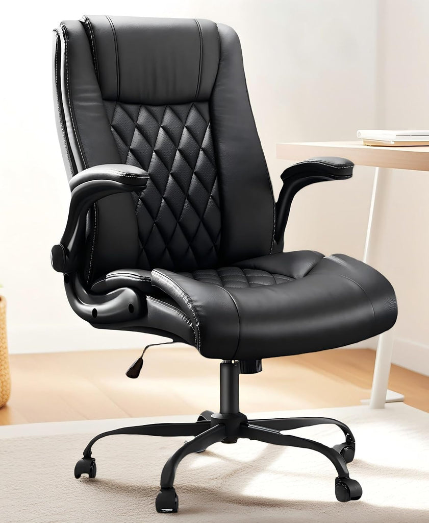 Executive Ergonomic Desk Chair with Flip-up Armrests PU Leather Height-Adjustable Swivel Rolling Dark