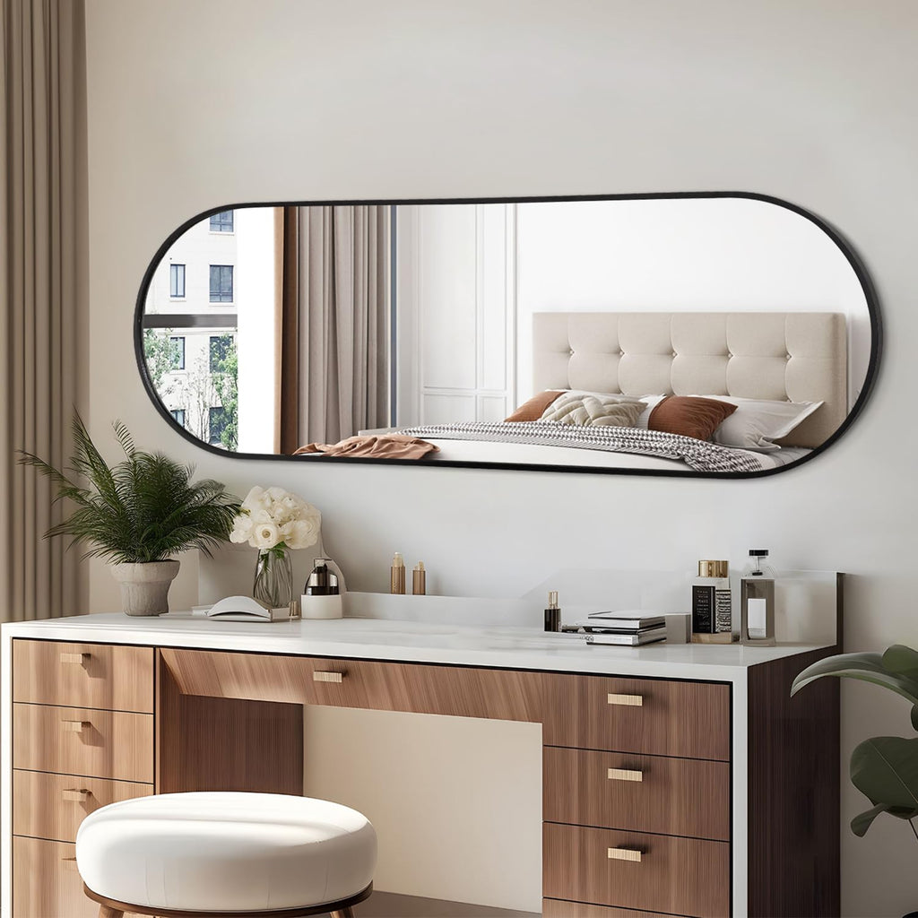 Black Oval Bathroom Full Length Mirror, 48x16'' Pill Shaped Oblong Vanity Wall Mirror, Metal Framed Capsule Aluminum
