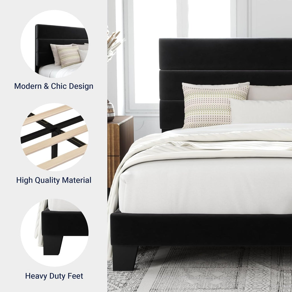 King Platform Bed Frame with Velvet Upholstered Headboard and Wooden Slats Support