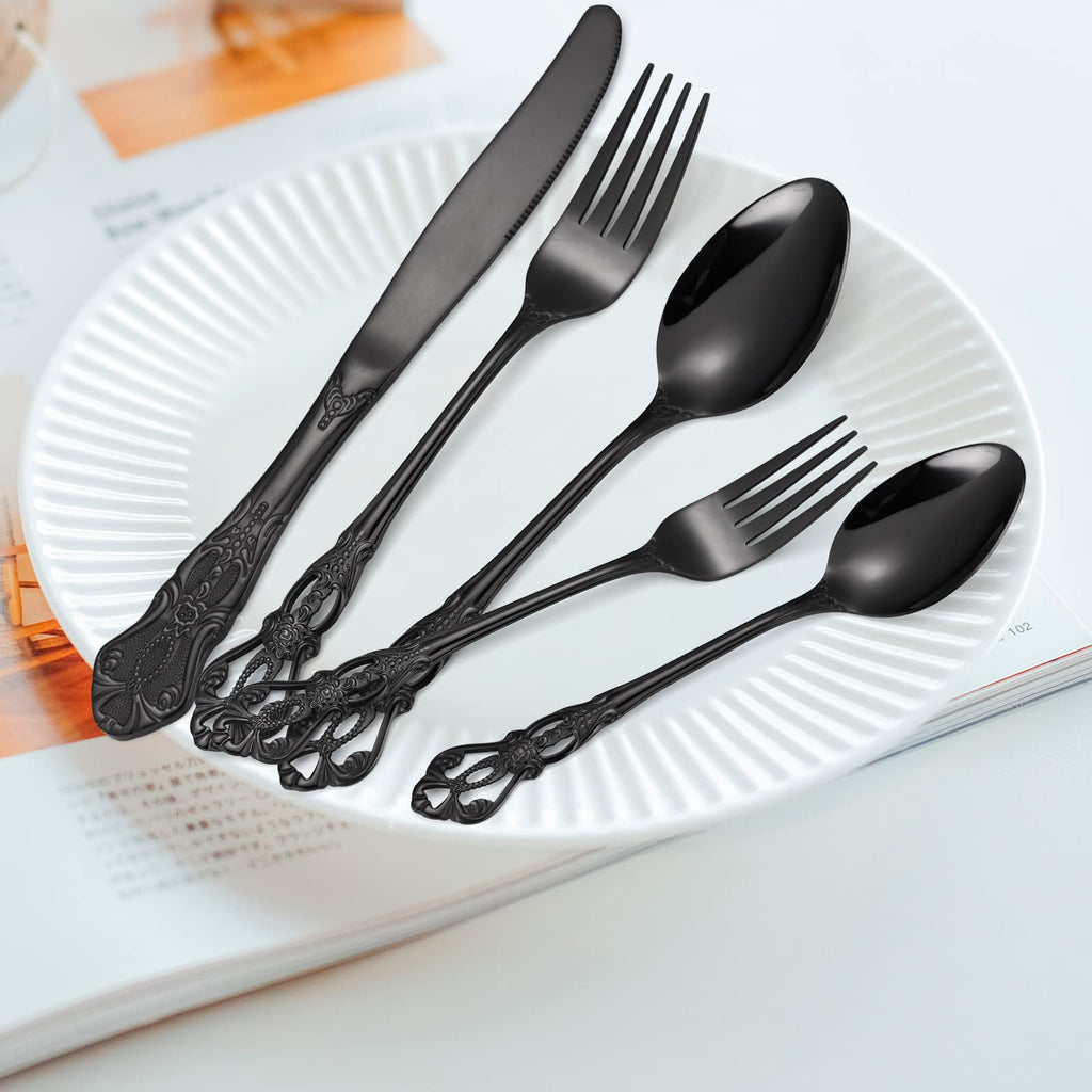 Black Silverware Royal Flatware Set for 4 Stainless Steel Cutlery Retro Antique Kitchen Utenisl with Flower Design