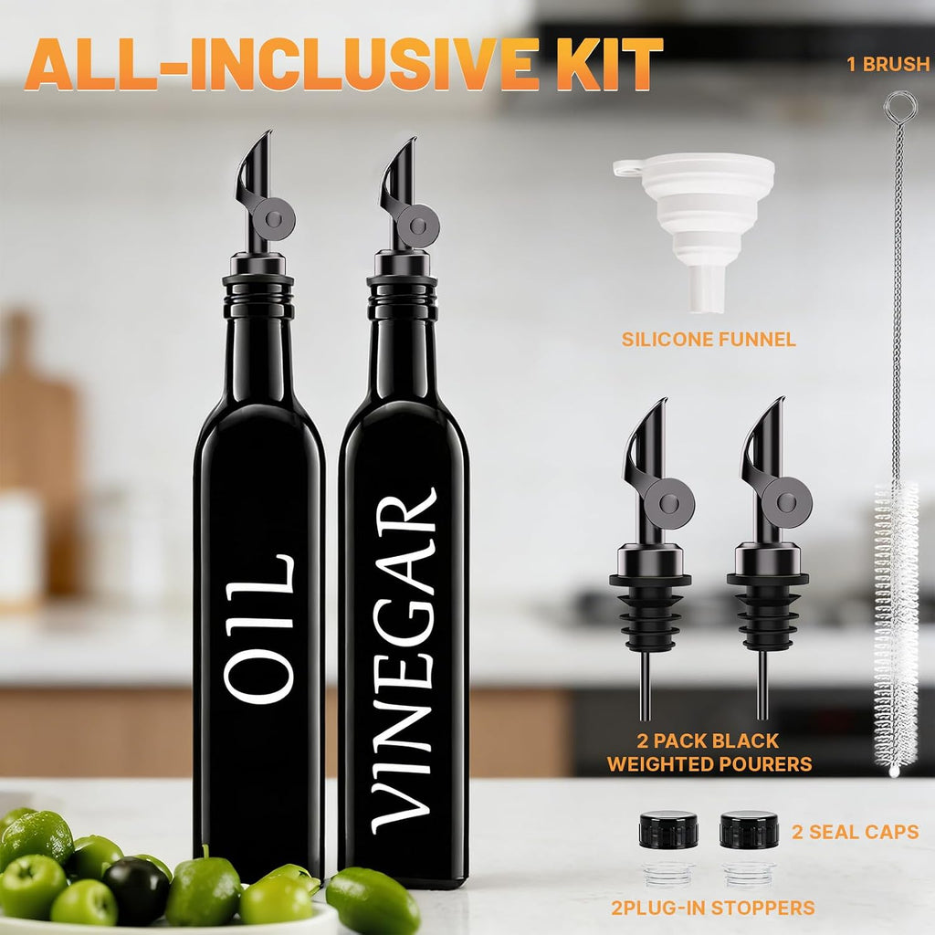 Oil and Vinegar Dispenser, 17oz/500ml Extra Thick Glass Oil & Vinegar Cruet with Stainless Steel Pourer - Set of 2
