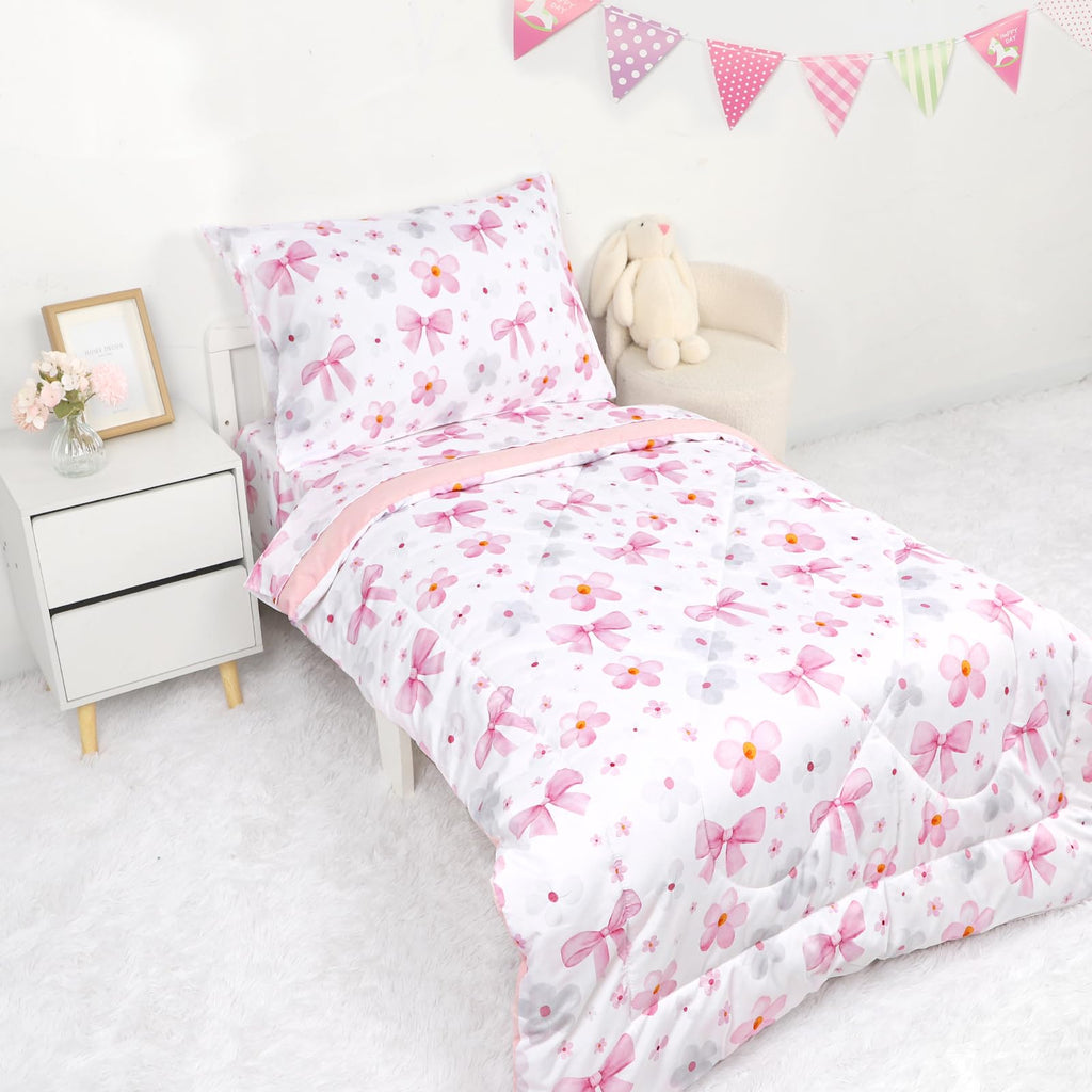 Toddler Bedding Set for Girls - 4 Piece Bow Toddler Comforter Set Includes Fitted Sheet, Comforter, Pillowcase & Flat