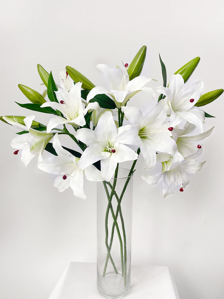 2 Pcs White Stargazer Lily Artificial for Decoration, 28 inch Long Stems Real Touch latex Fake, Faux Silk Easter
