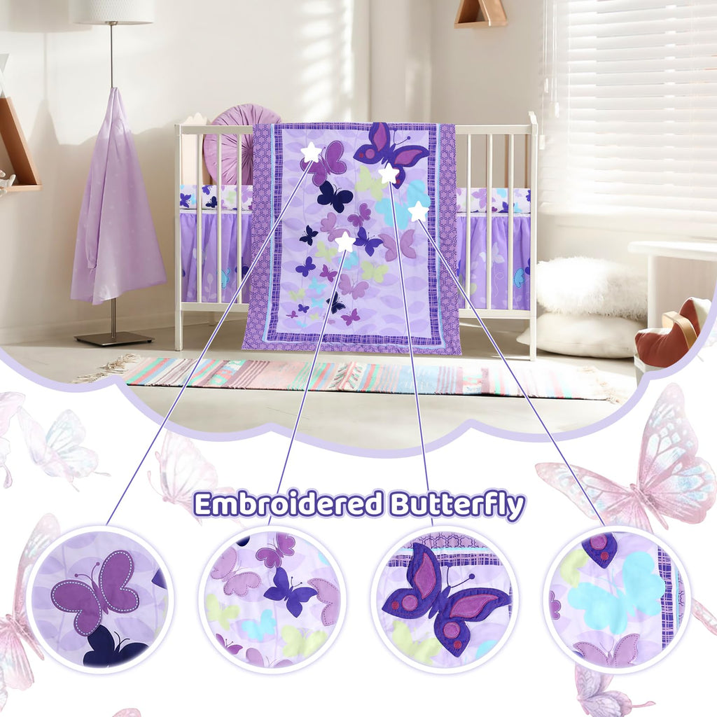 Butterfly Mini Crib Bedding Set, 3 Piece Baby Bedding Set Butterfly, Mini Crib Nursery Bed Set, Breathable and Soft