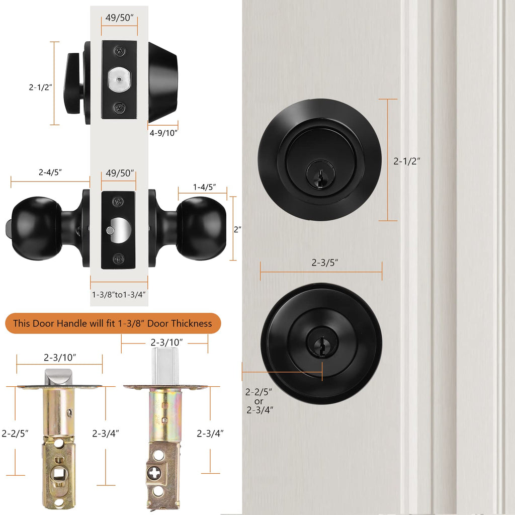 Exterior Door Knob and Single Cylinder Deadbolt, Front Door Handle and Deadbolt Set, Keyed Alike Combo, Matte Black