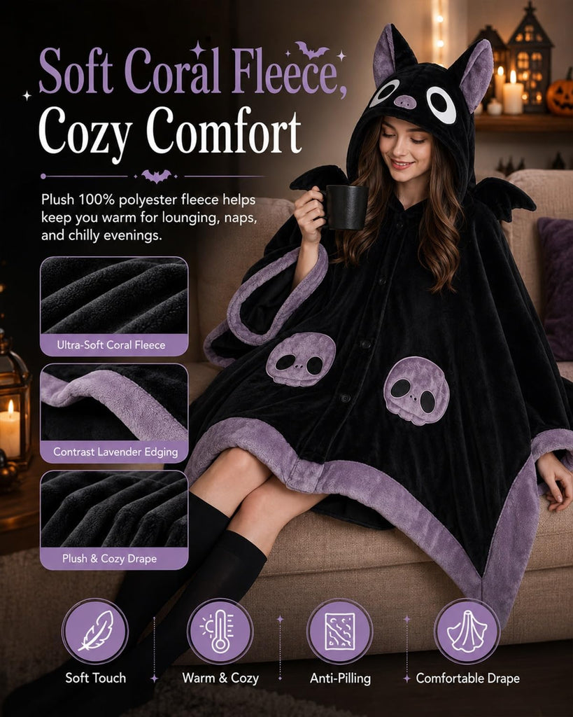 Halloween Cute Bat Wearable Blanket Hoodie Hooded Cape Costume Adult Unisex | Oversized Plush Thick Cloak with Demon