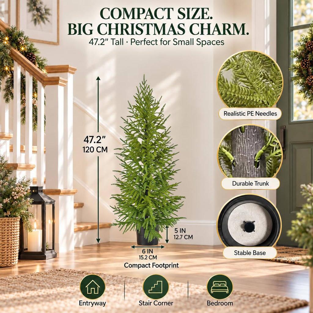 4FT Lighted Artificial Norfolk Pine Christmas Tree for Outdoor Indoor, Real Touch Faux Cedar Tree with Pot, Potted Fake