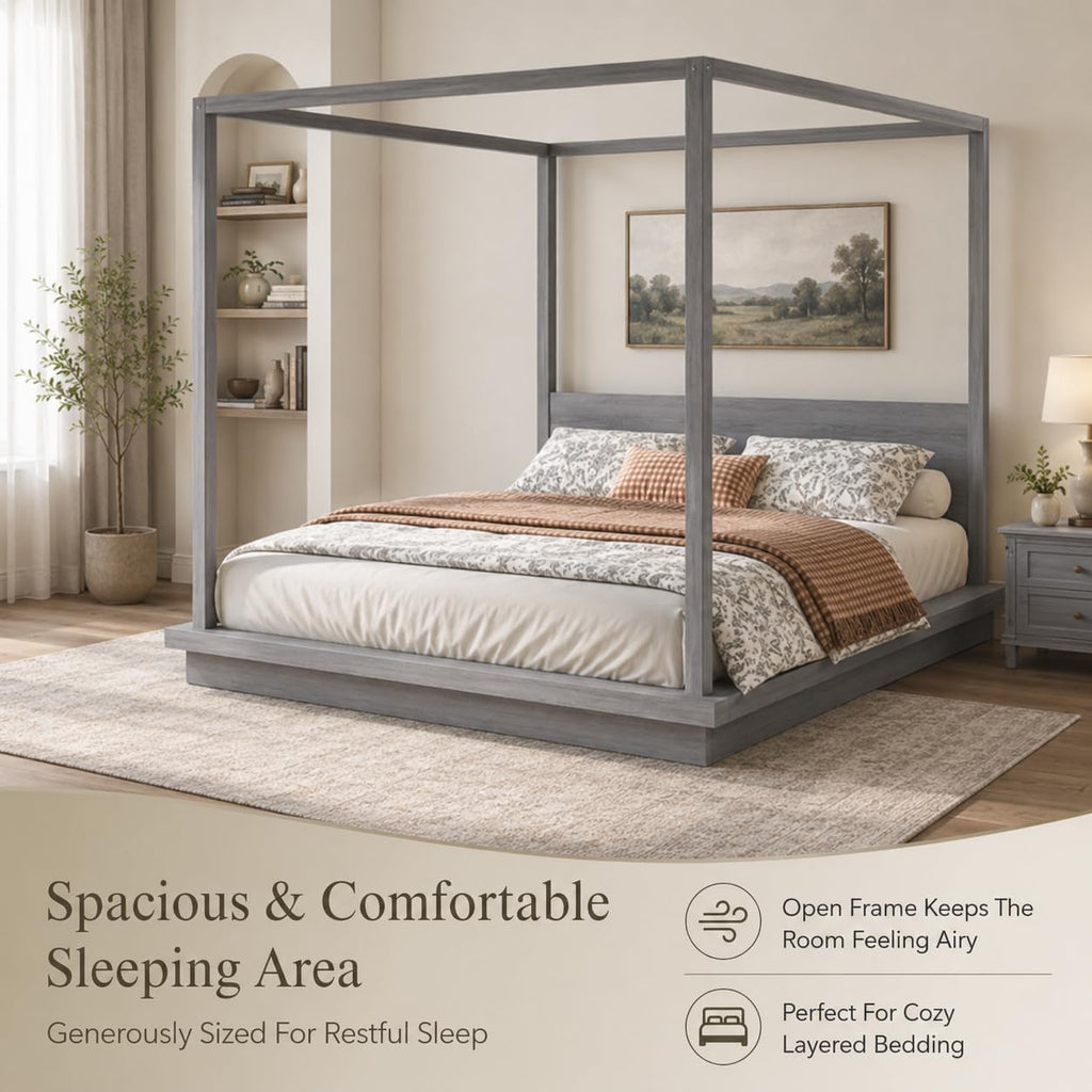 Wooden Canopy Bed Frame Gray Vintage Rustic