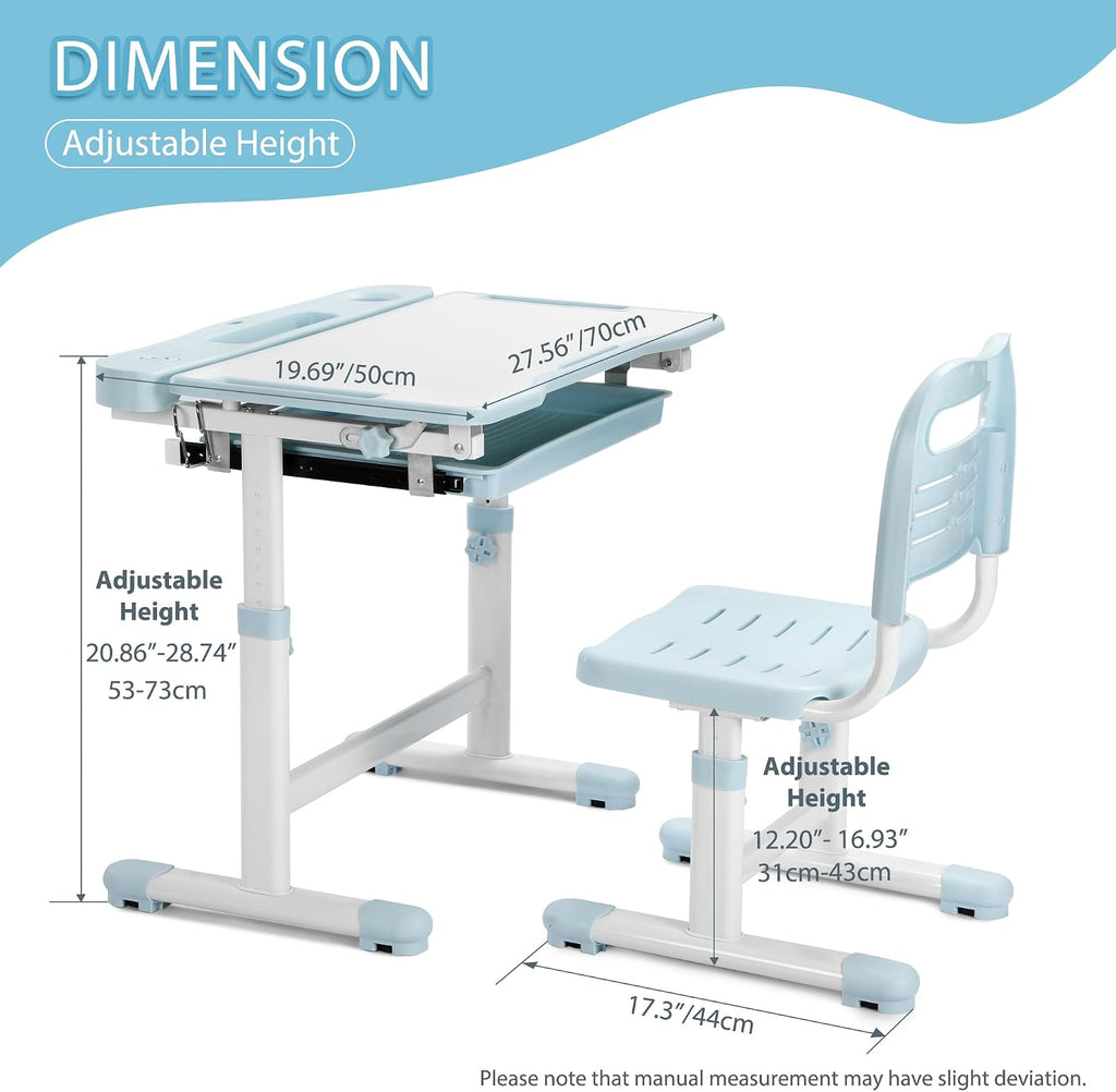 Kids Desk and Chair Set, Height Adjustable Children School Functional Study Desk with 55° Tiltable Desktop, 3 Modes &