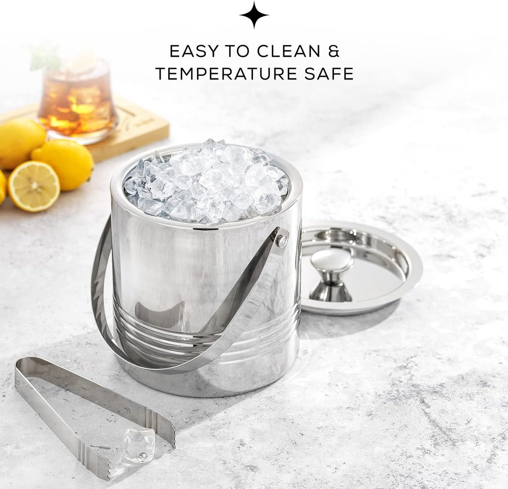 Metal Double Wall Ice Bucket with Lid, Ice Tongs and Strainer. 3L Insulated Ice Bucket for Cocktail Bar, Wine, Home - Set of 3