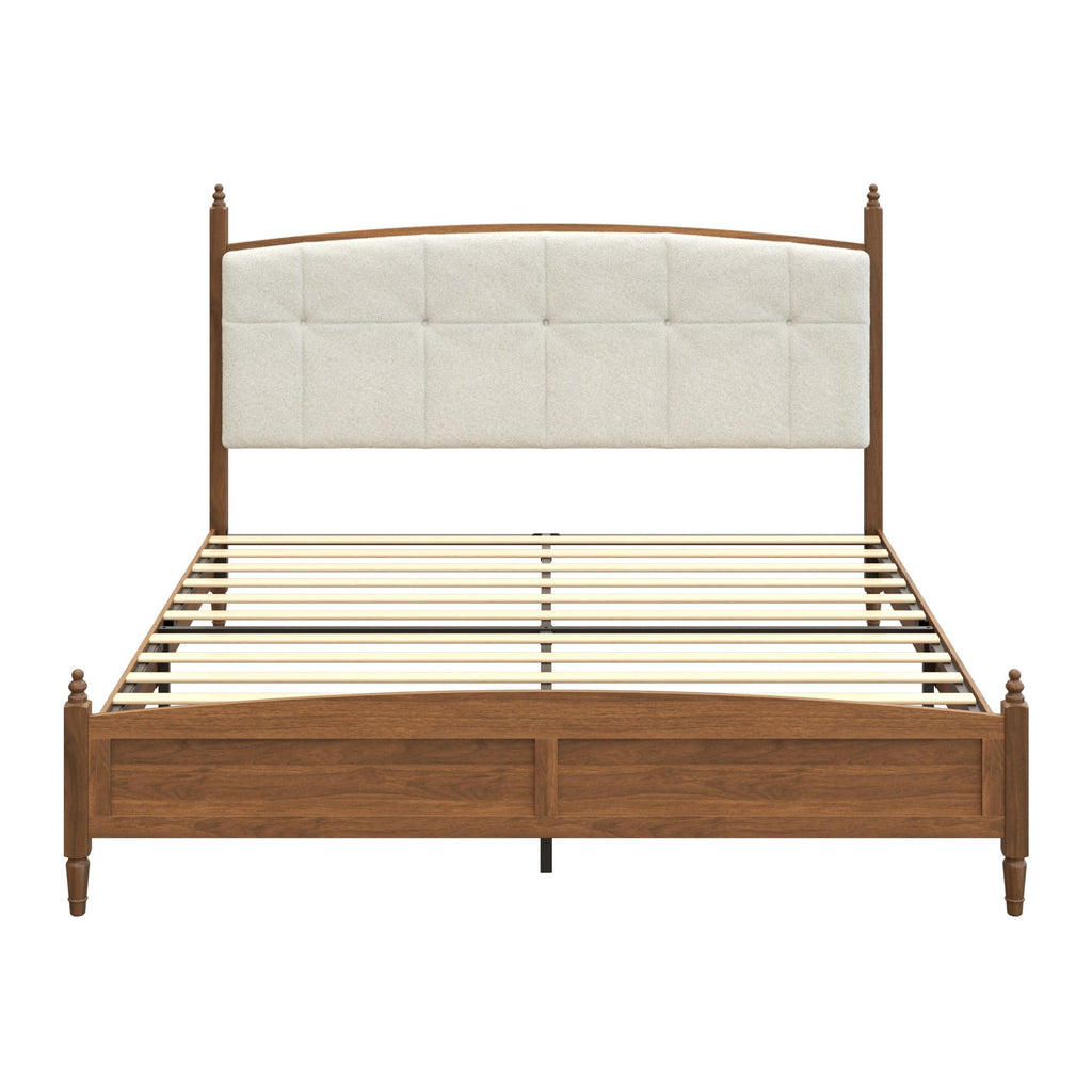 Farmhouse Platform Bed Frame with Curved Upholstered Headboard, Walnut