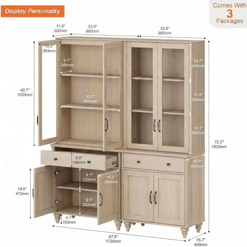 Set of 2 Light Oak Bookcase with Glass Doors & Drawers & Cabinets, 3 Tier Bookshelf, 72'' Tall Book Case Shelf, Large