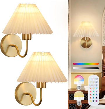 Wall Sconces Sets of 2 RGB Battery Operated Wall Sconces for Bedroom Dresser Classic Golden Wall Lamp with Remote for