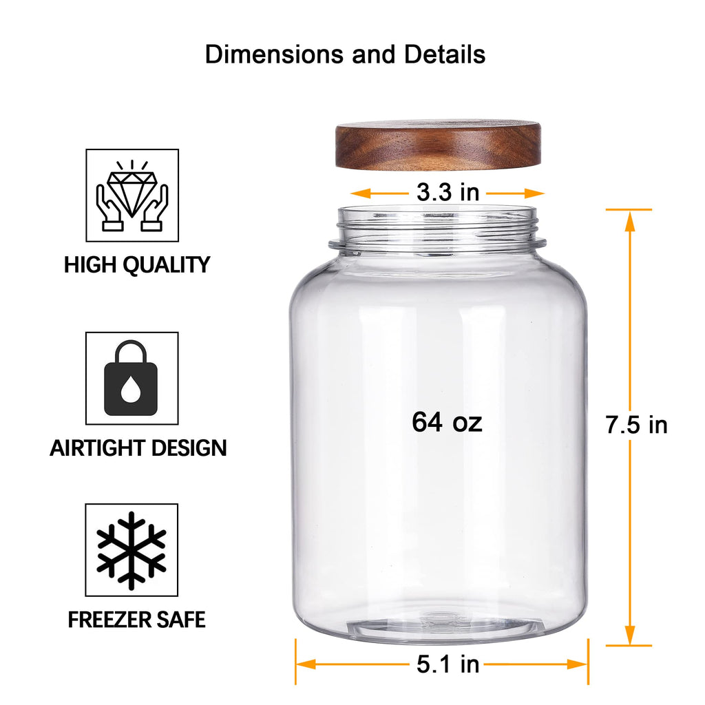 64 Fluid Ounces Unbreakable & Dishwasher Safe Plastic Apothecary Jar with Wooden Airtight Screw Top Lid, 0.5 Gallon