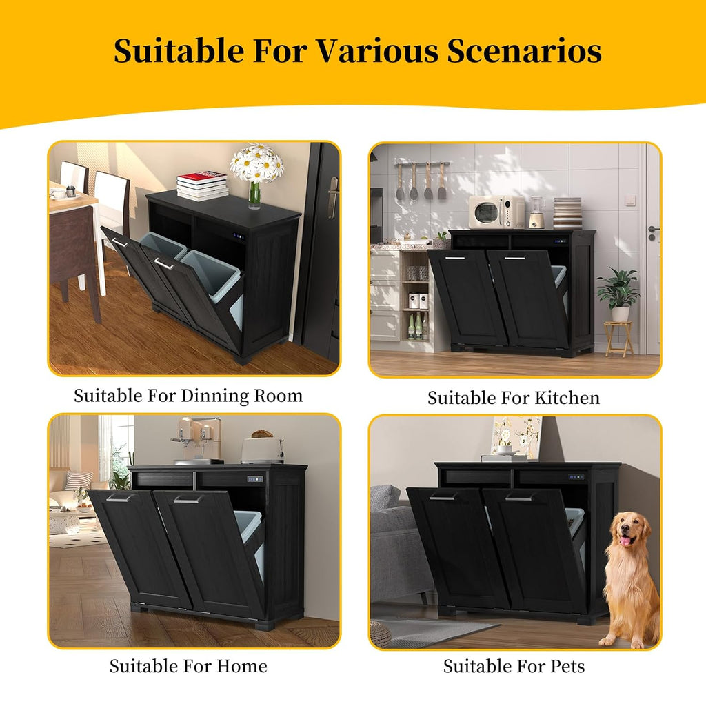 Tilt Out Trash Can Cabinet, Wooden Trash Cabinet with Deodorising Function, 20 Gallons Freestanding Dog-Proof Garbage