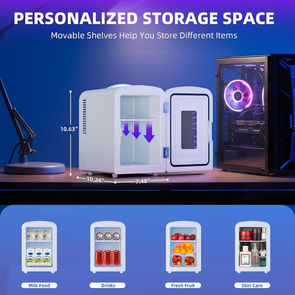 Mini Compact Refrigerator with Gaming Light, 4L Capacity/6 Cans Portable Mini Fridge, for Bedroom,Car,Office and Dorm