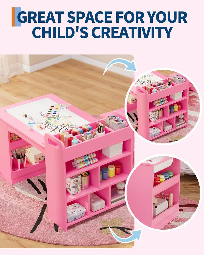 Kids Art Table and 2 Chairs Set with Paper Roll Holder & Storage, Pink