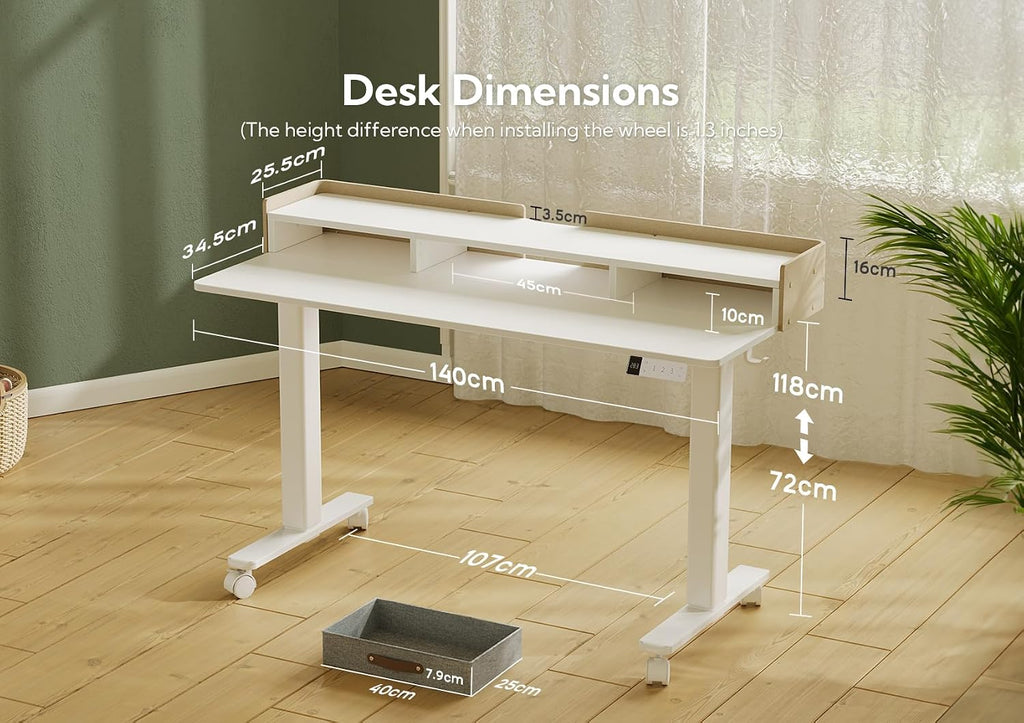 Standing Desk with Drawers & Wheels, 2 Height Shelf 55inch White | 2 height adjust shelf, tabletop drawers, felt