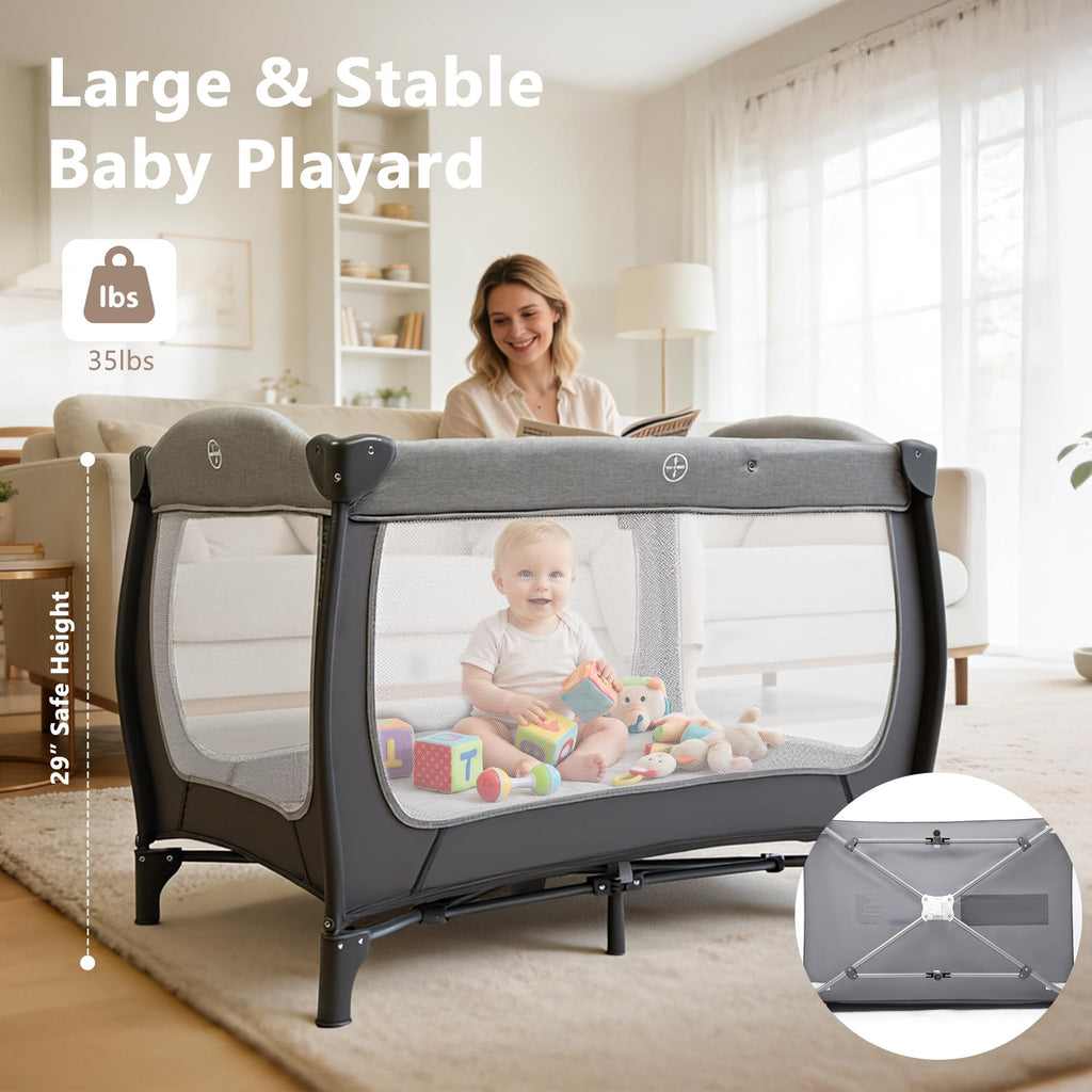 4 in 1 Portable Play Yard, Baby Playard w/Bassinet, Grey