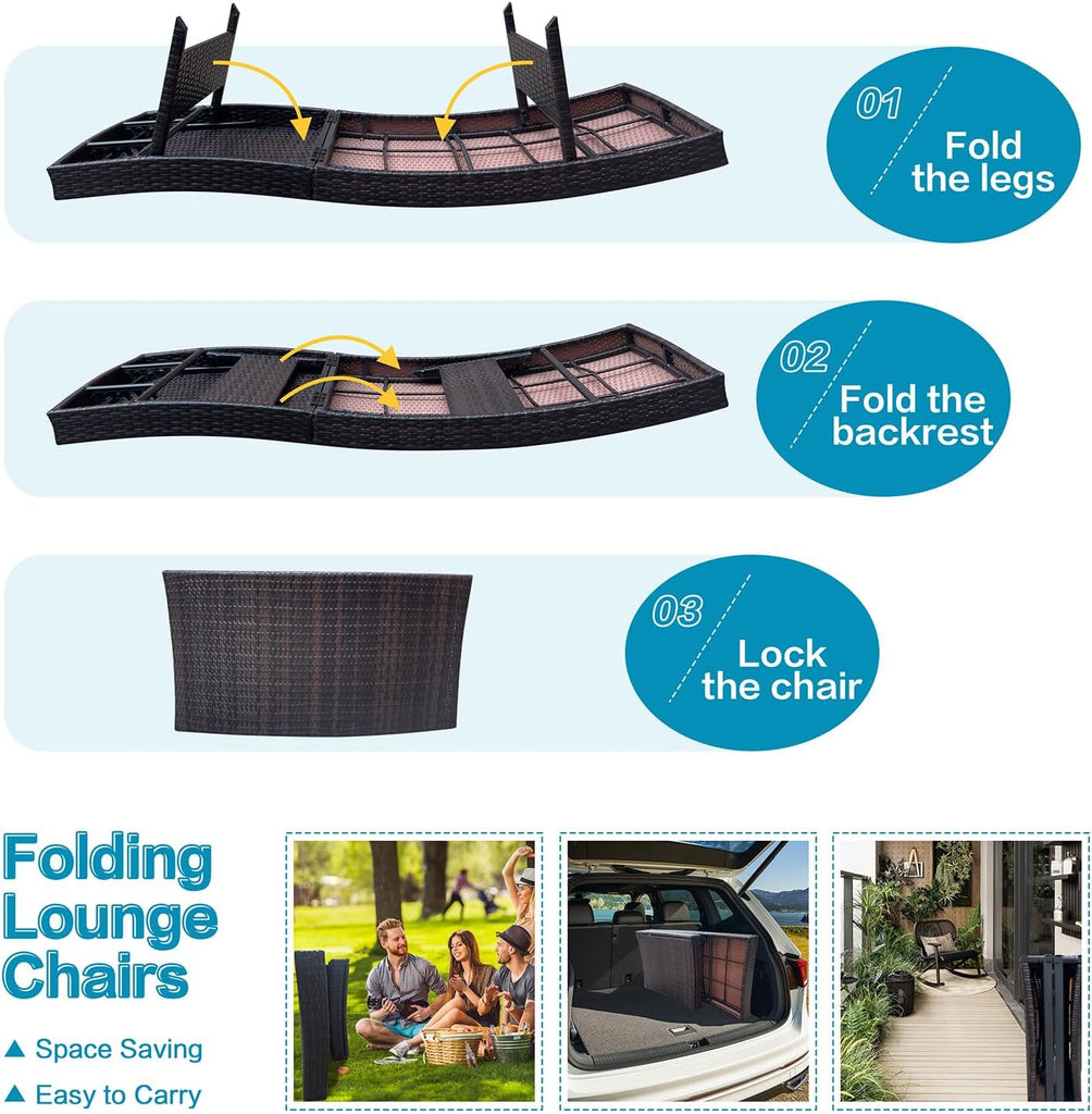 Folding Patio Chaise Lounge (Set of 1 Chair), Foldable Long Reclining Patio Seating Chairs, Outdoor Wicker Lounge