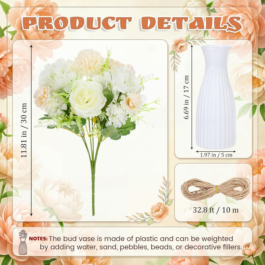 Set Artificial Hydrangea Peony Flowers with Vase, Champagne - Set of 12