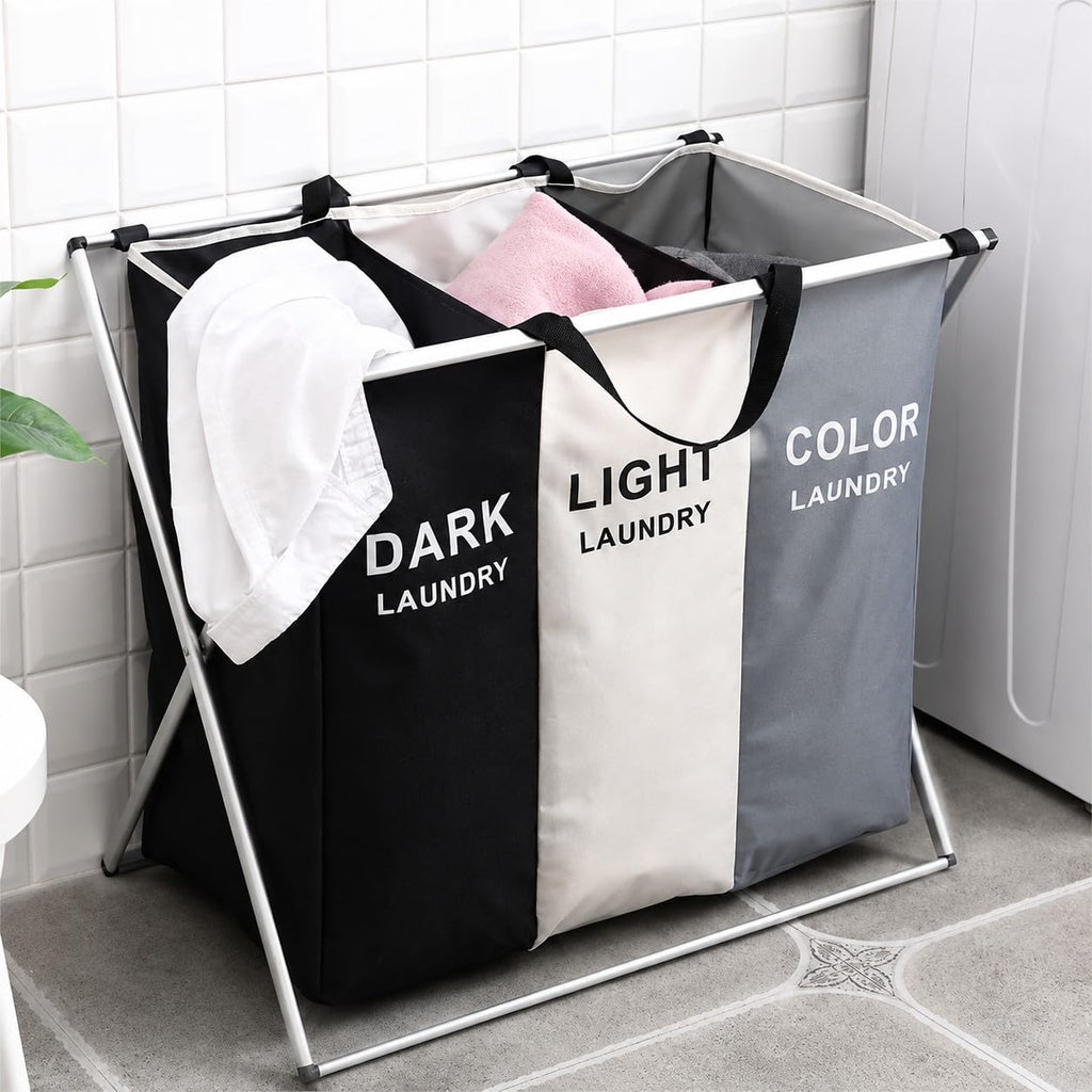 3-Section Laundry Basket Organizer, Foldable Hamper with Dividers, 150L Large Capacity, Waterproof 600D Oxford