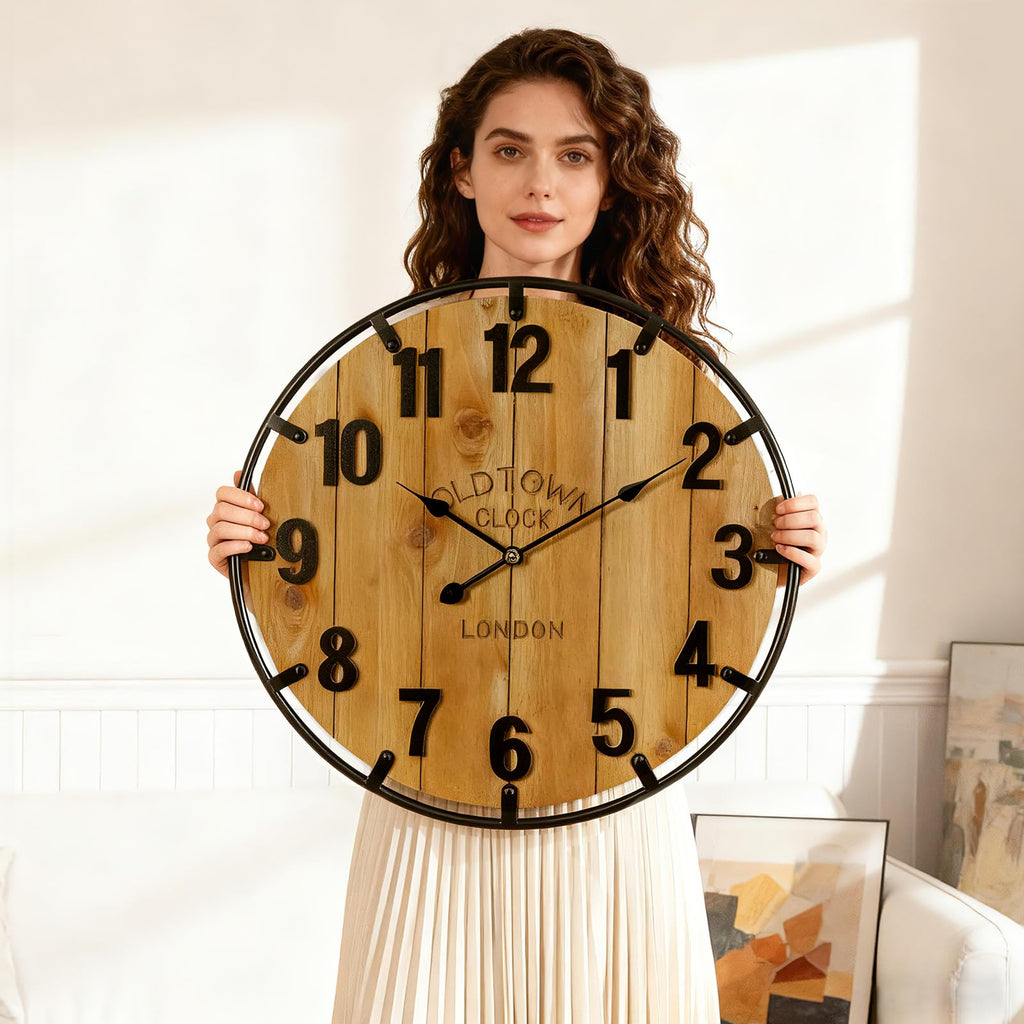 Farmhouse 24 Inch Wood Arabic Large Wall Clock with Metal Circle
