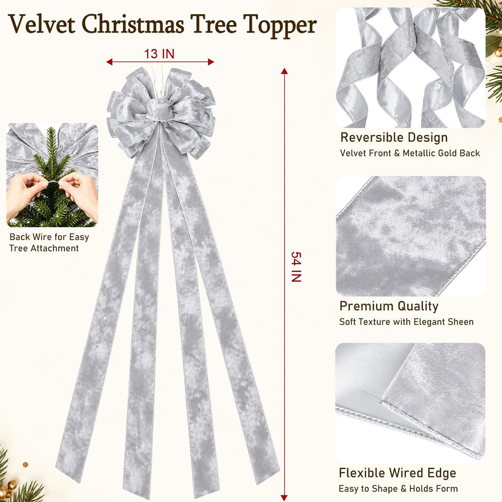 Christmas Tree Topper Bow, Silver Velvet Bow with Silver Trim