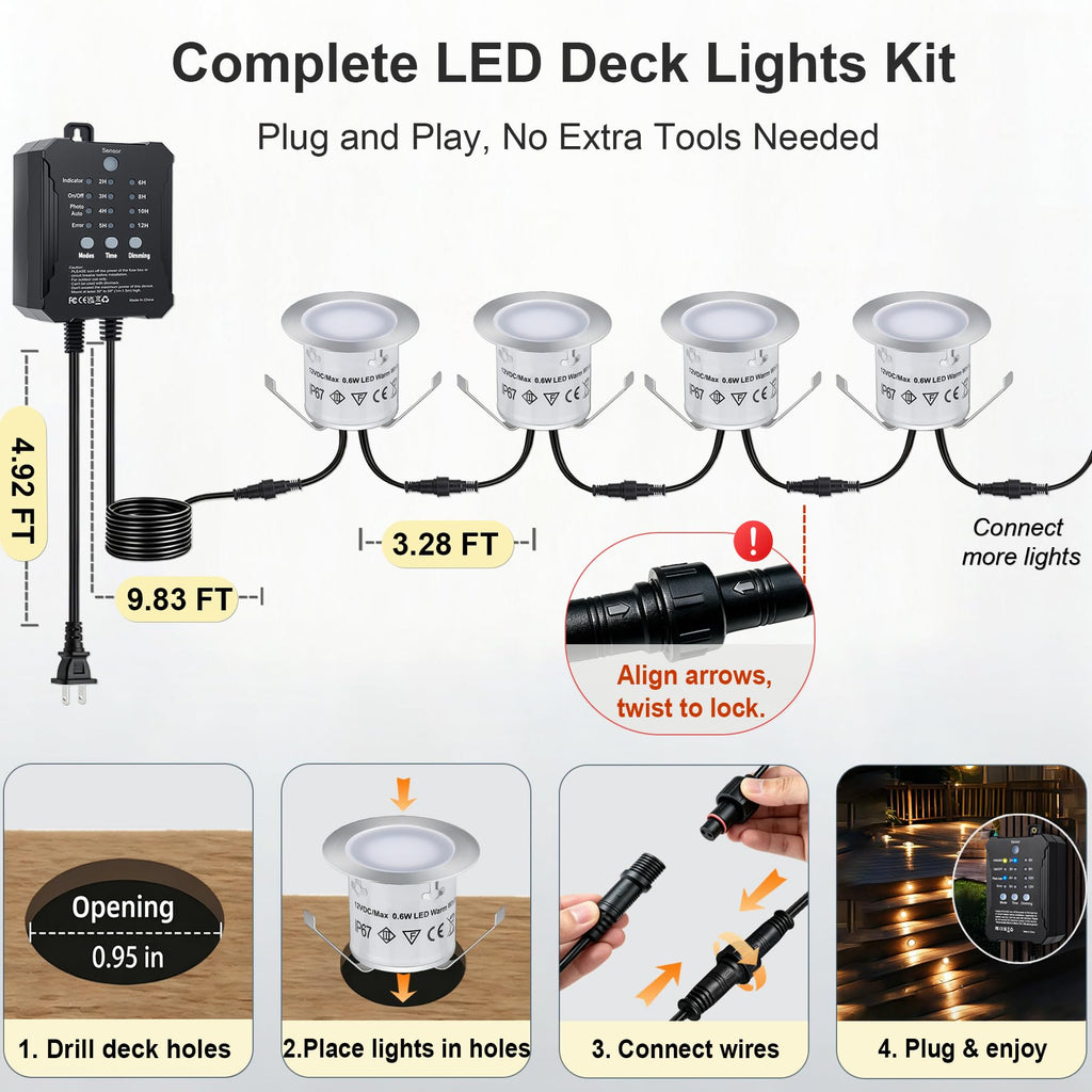 Dimmable LED Deck Lights with Timer and Photocell Sensor, 20 Pack 32mm Recessed Deck Lights Kit, IP67 Waterproof