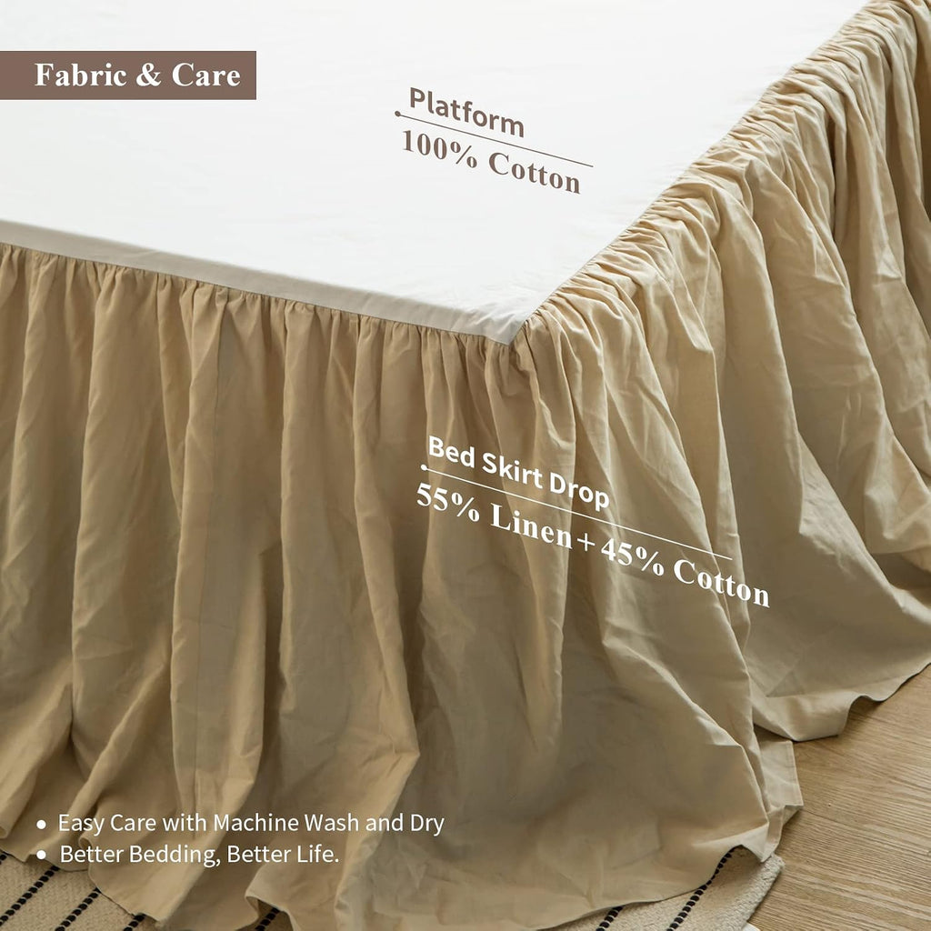 French Linen Bed Skirt with Pleated Frills 22-Inch Tailored Drop Natural Flax Cotton Blend Dust Ruffle Soft Cozy