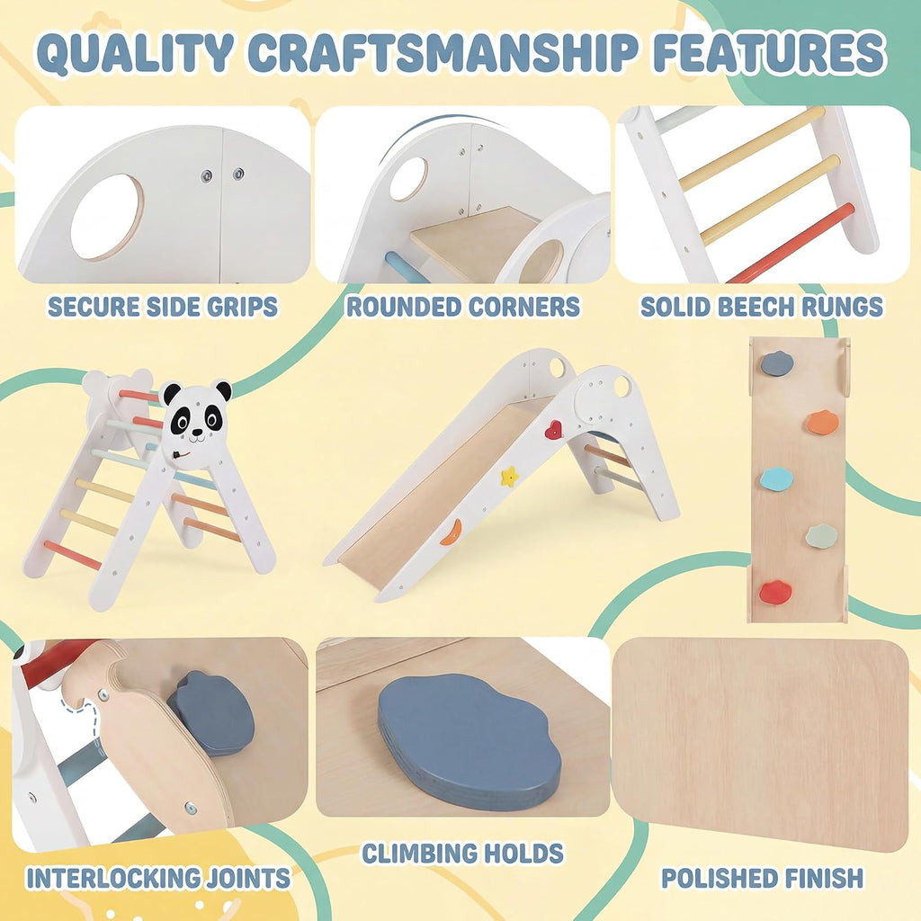Triangle Set, Panda-Themed Montessori Toddler Climbing Toys Indoor with Ladder, Tunnel, Slide, Ramp, Fun Blocks