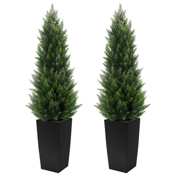 5FT Tall 2 Pack Artificial Cedar Topiary Trees with Compact Pyramidal Shape, Realistic Faux Cypress in Square Black