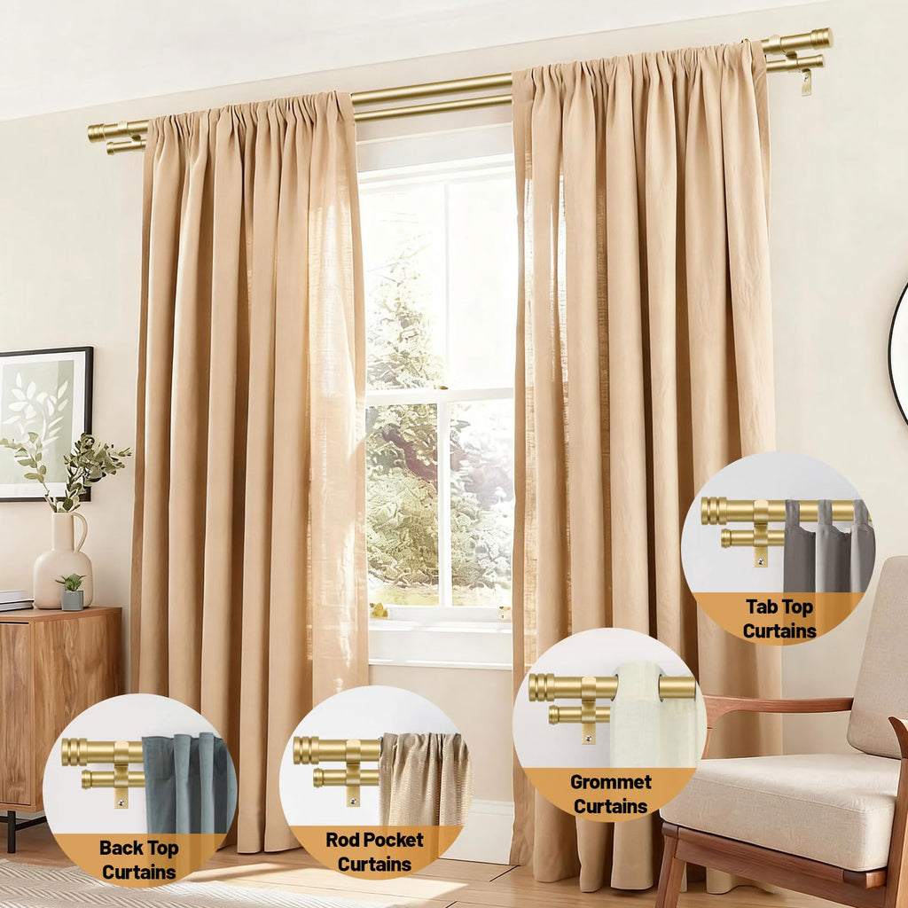 1 Inch Double Curtain Rods for Windows, 72 to 144 Inch, Gold