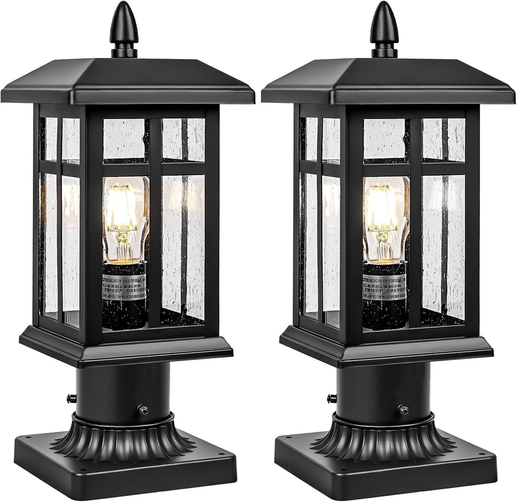 2 Packs Outdoor Post Light, Black Pole Lantern Lighting Fixture with Pier Mount Base