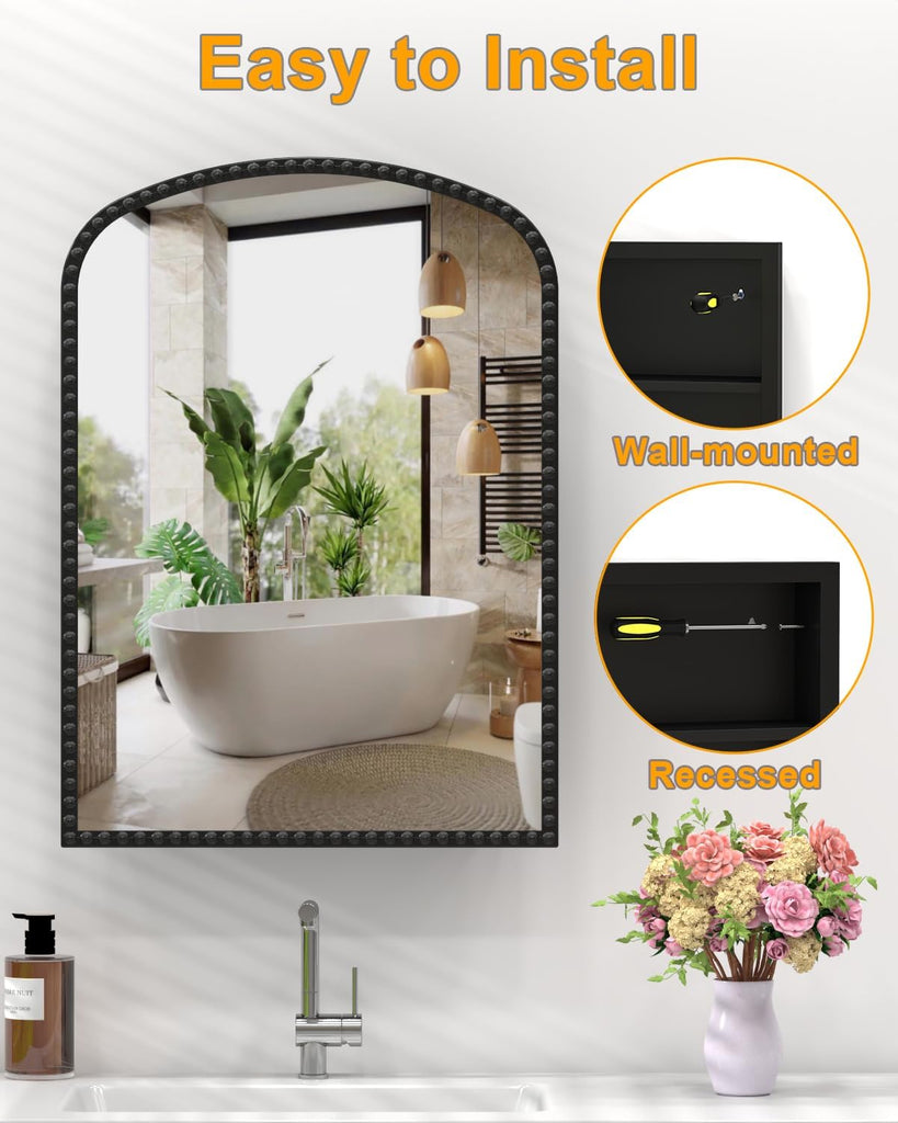 20"x28" Black Medicine Cabinet , Surface Mount or Recessed Medicine Cabinets with Storage and Arched Mirror