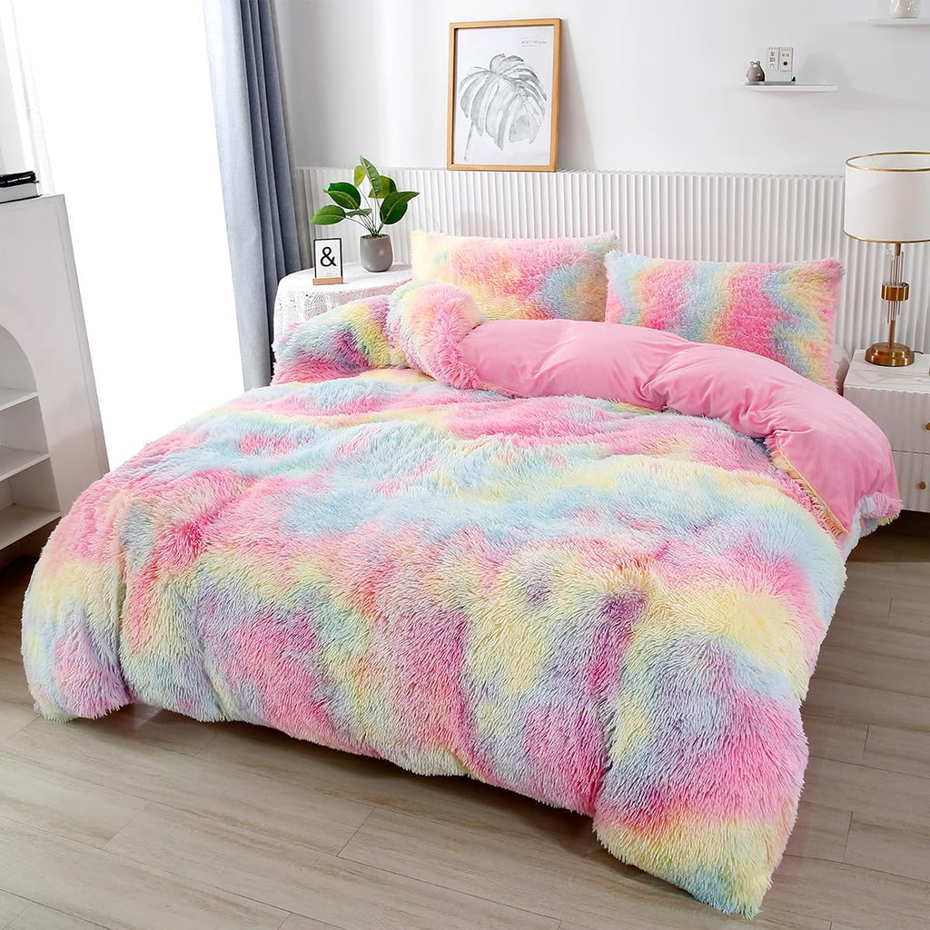 Pink Plush Shaggy Bedding Sets Full 3 Piece Fluffy Faux Fur Girls Comforter Set Soft Tie Dye Velvet Furry Rainbow