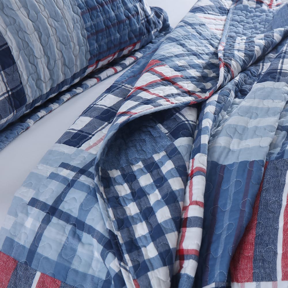 Cotton Bedding Quilt Sets, Soft Reversible Coverlet Sets All Season Blue Bedspread, Plaid Patchwork