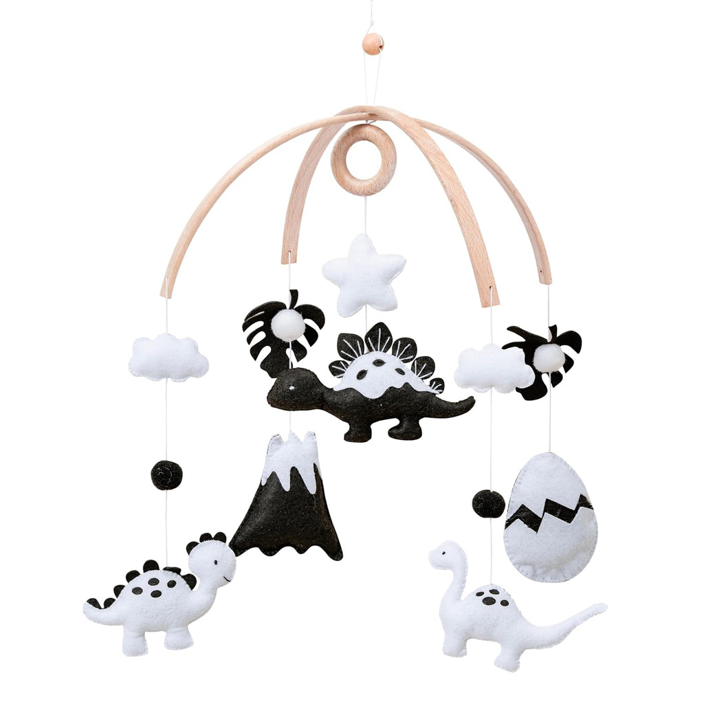 Dinosaur Crib Mobile - High-Contrast Black & White Nursery Decor for Newborn Baby Room, for Boy & Girl, Natural Wood