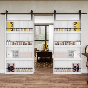 84''(42''x2) x 84'' Double Sliding Barn Door, Shelf Style Barn Door, Made of Primed MDF, with 6.9 ft Hardware, Floor