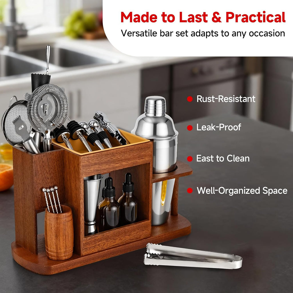Cocktail Making Dock, 23-Piece Cocktail Shaker Set with Versatile Wooden Stand, Easy Access Stainless Steel Bartender - Set of 23