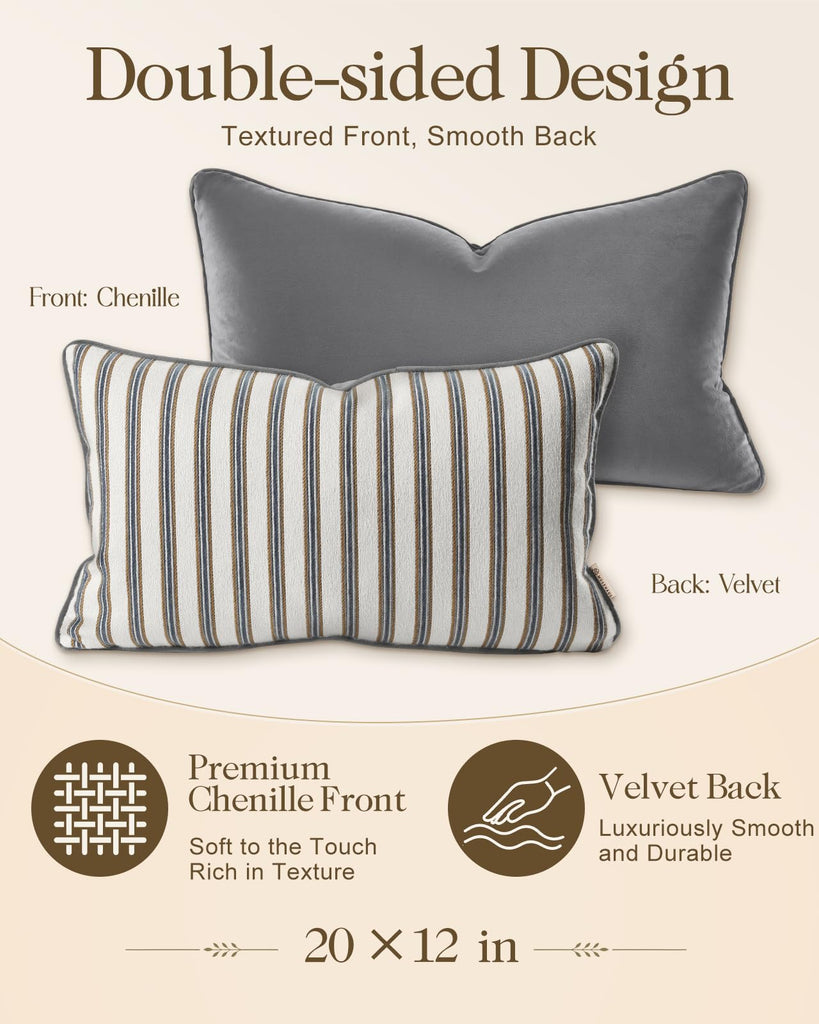 Chenille Throw Pillow Cover, 20x12 Inch, Blue Gray Stripe