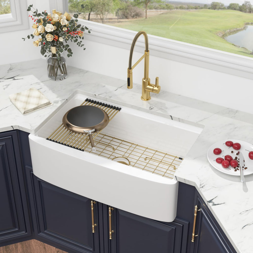 33 Inch White Farmhouse Sink Workstation Curved Apron Front Farm Sink with Slide Ledge Ceramic Porcelain Single Bowl