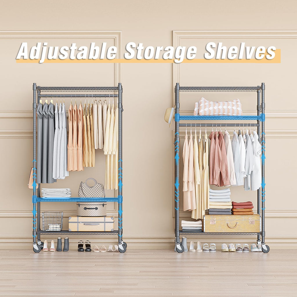 Narrow Rolling Garment Rack with Double Rods and 3 Adjustable Shelves, Compact Portable Closet Organizer, Laundry