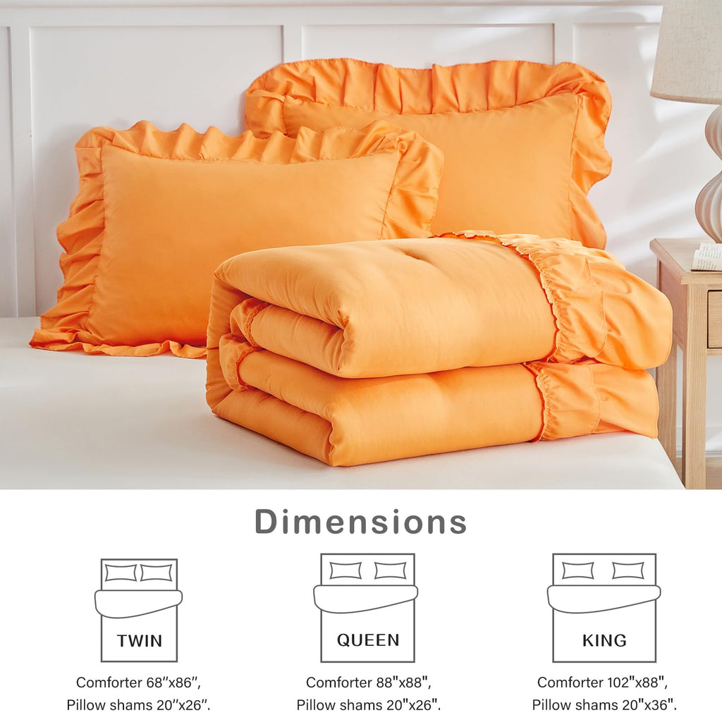 Orange Ruffle Comforter Set, 3 Pieces Vintage Farmhouse Shabby Chic Comforters, Solid Color Lightweight