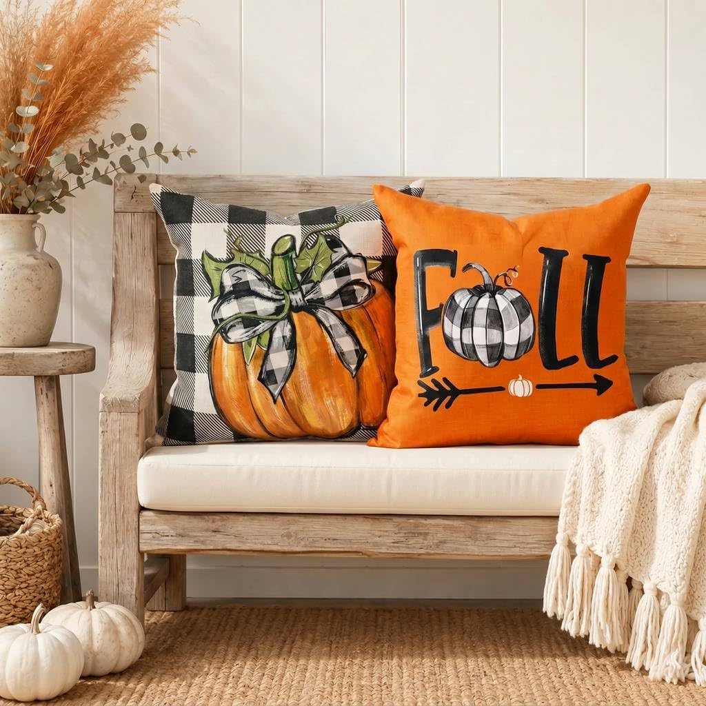 Fall Buffalo Plaid Pumpkin Throw Pillow Covers 18 x 18 Inch - Set of 4