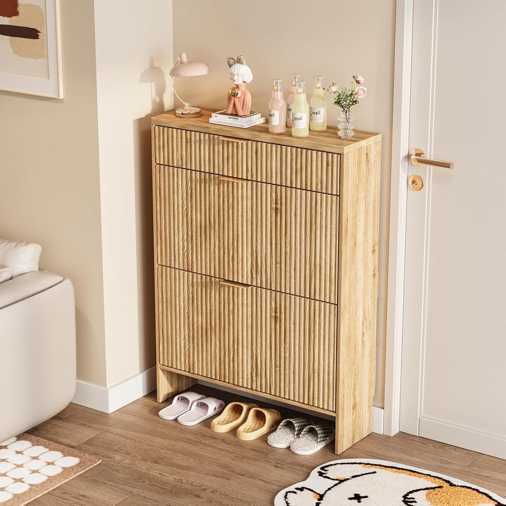 Fluted Shoe Cabinet Storage with 2 Flip Drawers & 1 Drawers, Wood Narrow Hidden Shoe Cabinet with Adjustable Shelf