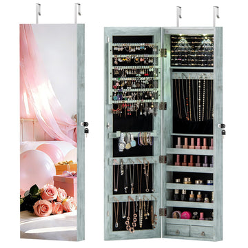 2 LEDs Mirror Jewelry Armoire, 47.5" H Door or Wall Mounted Jewelry Cabinet with Frameless Mirror, Lockable Jewelry