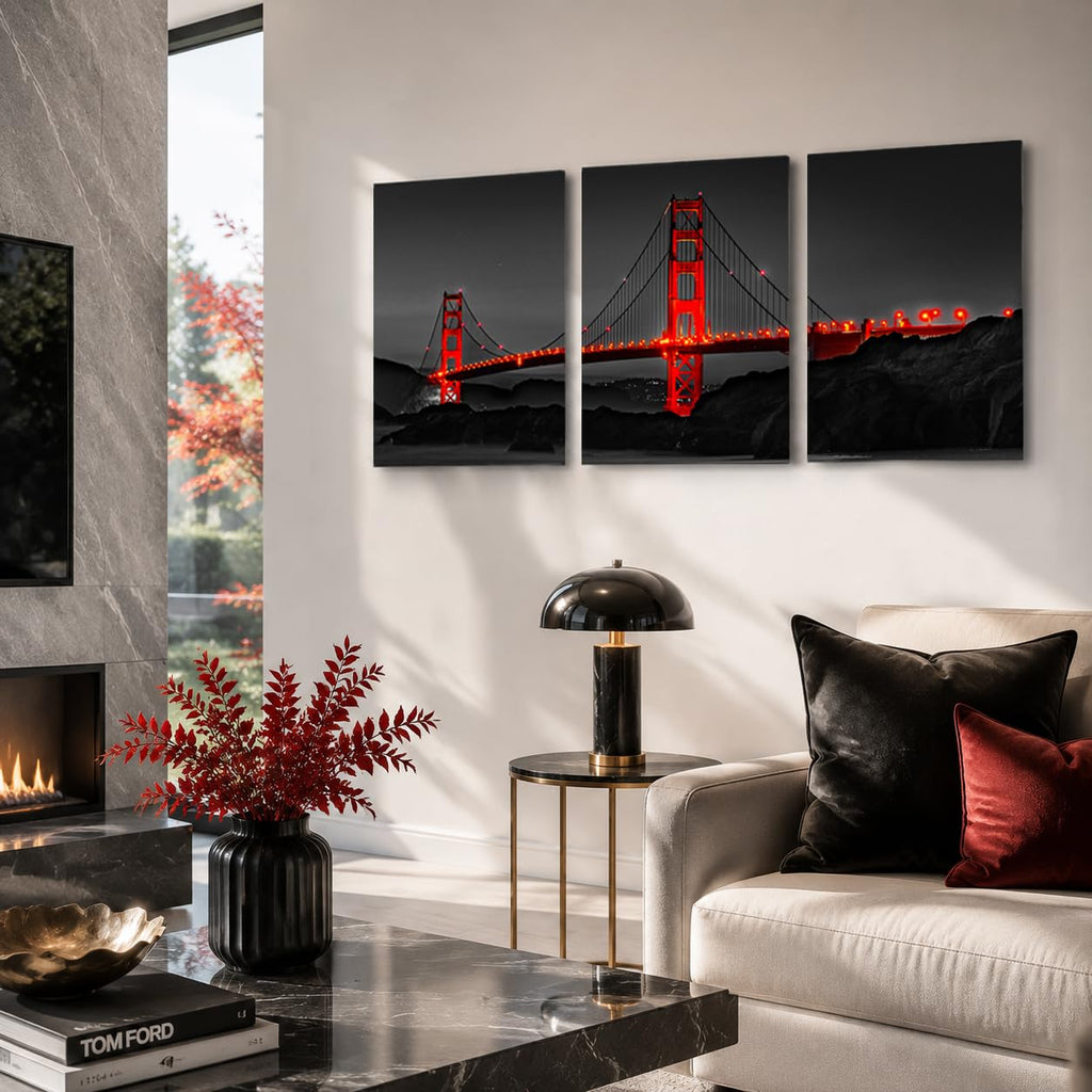 3 piece Large Black and Red Wall Set Golden Gate Bridge Skyline Canvas Wall San Francisco Bay Area Landscape Pictures