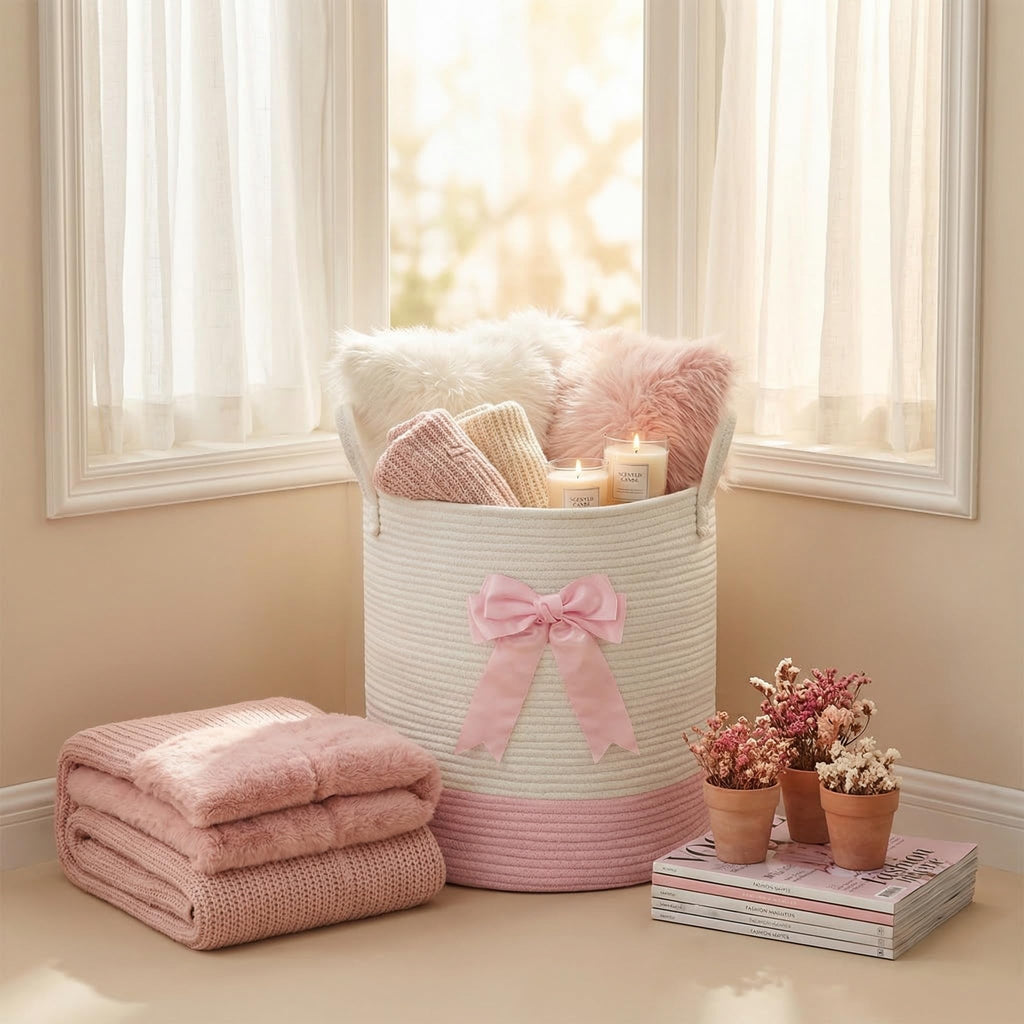 Pink Laundry Hamper with Bow, Tall Storage Basket