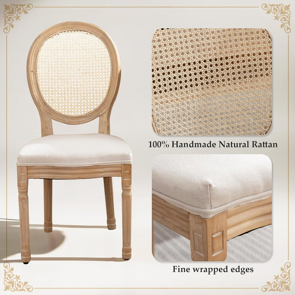French Country Dining Chairs Set of 2, Farmhouse Dining Chairs with Round Back, Rattan Accent and Wood Legs for Kitchen or Dining Room, Beige